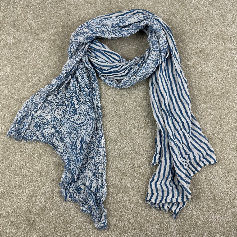 Blue White Paisley Striped Scarf Lightweight Gauze Boho Coastal Mixed Print Wrap